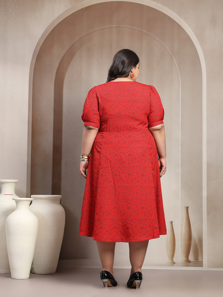 Plus Size Women Red Floral Paisley Print Midi Dress