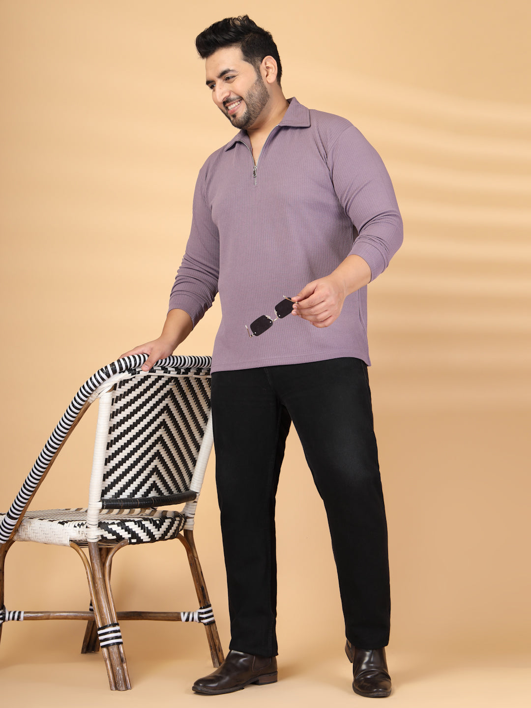 Plus Size Self Design Polo Collar Long Sleeves T-shirt