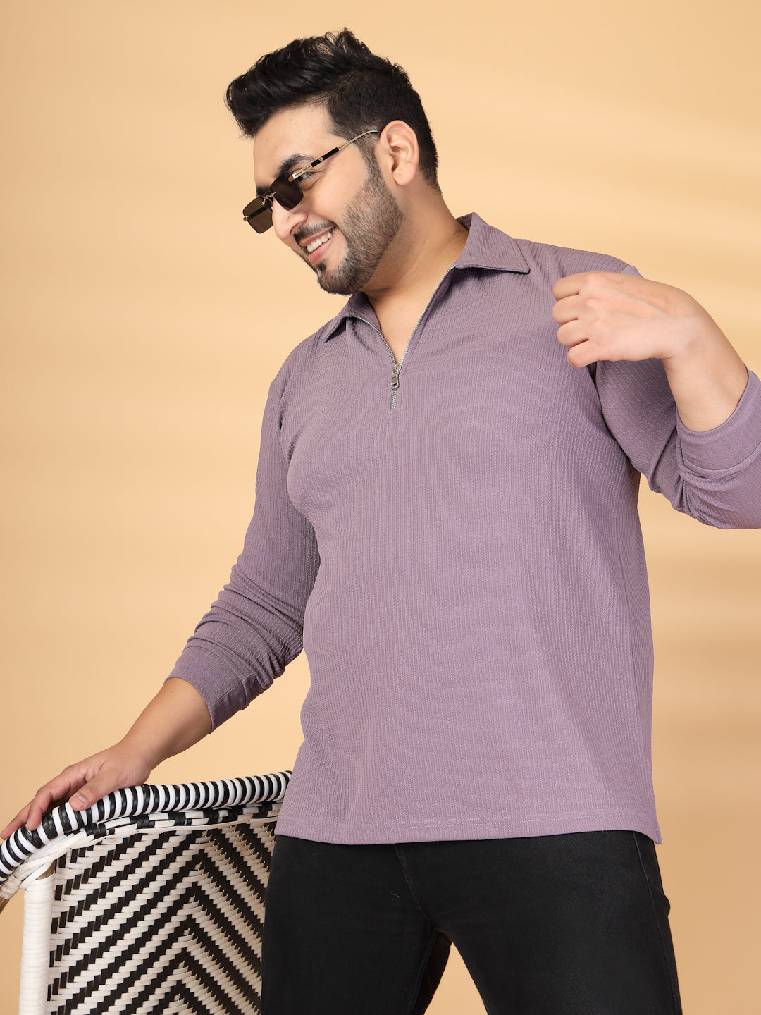 Plus Size Self Design Polo Collar Long Sleeves T-shirt