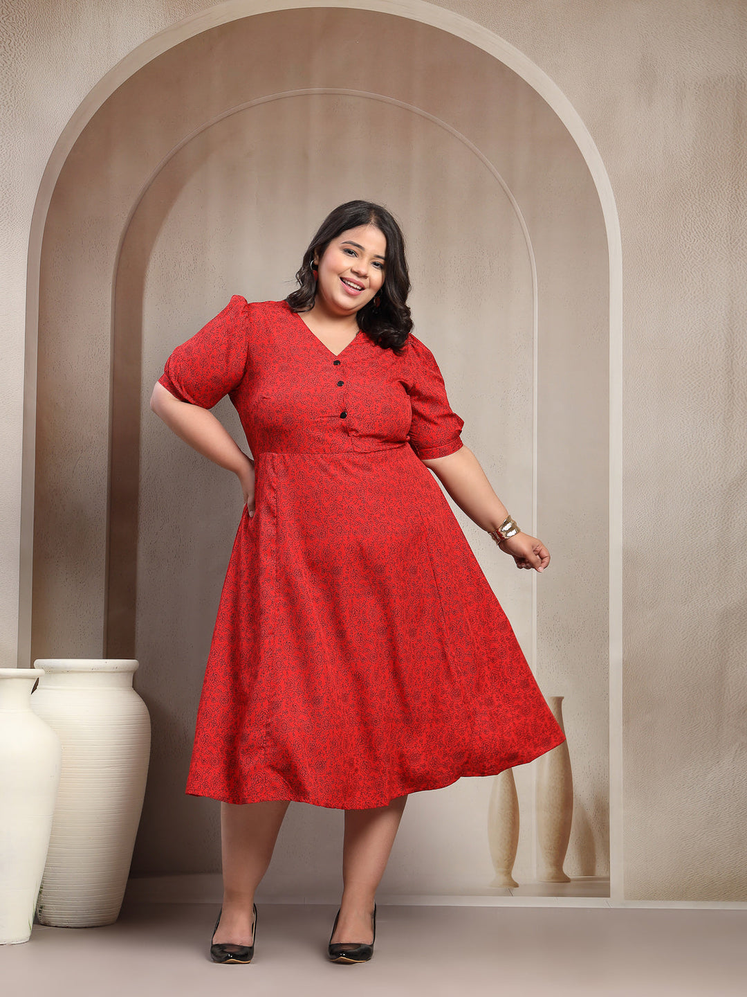 Plus Size Women Red Floral Paisley Print Midi Dress
