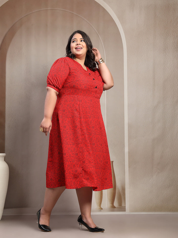 Plus Size Women Red Floral Paisley Print Midi Dress