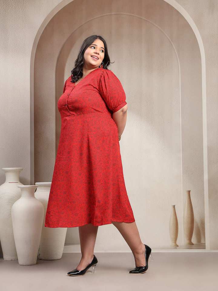 Plus Size Women Red Floral Paisley Print Midi Dress