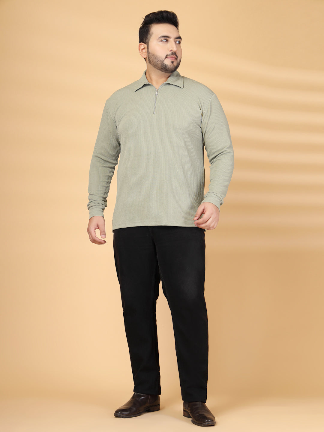 Plus Size Men Self Design Polo Collar T-shirt