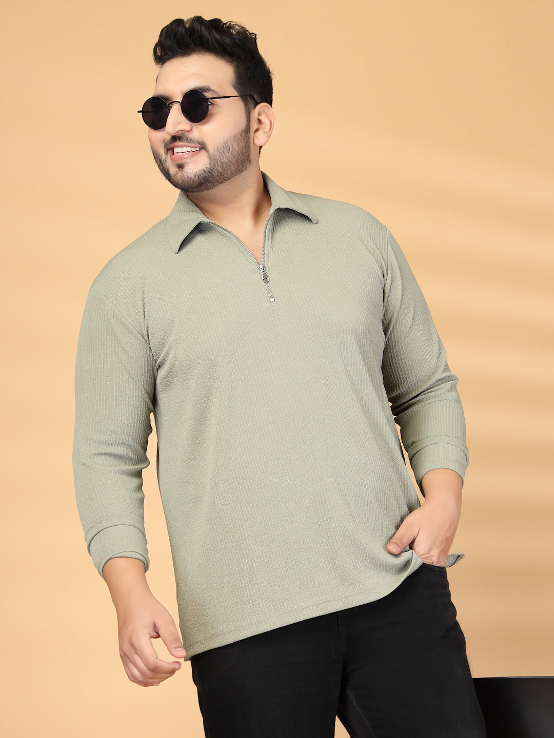 Plus Size Men Self Design Polo Collar T-shirt