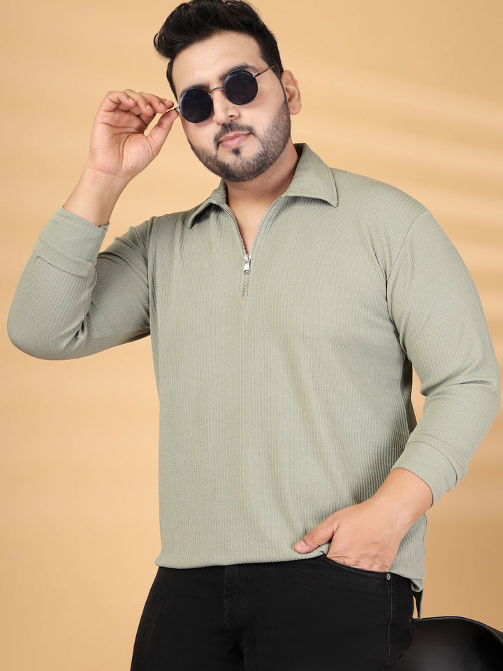 Plus Size Men Self Design Polo Collar T-shirt