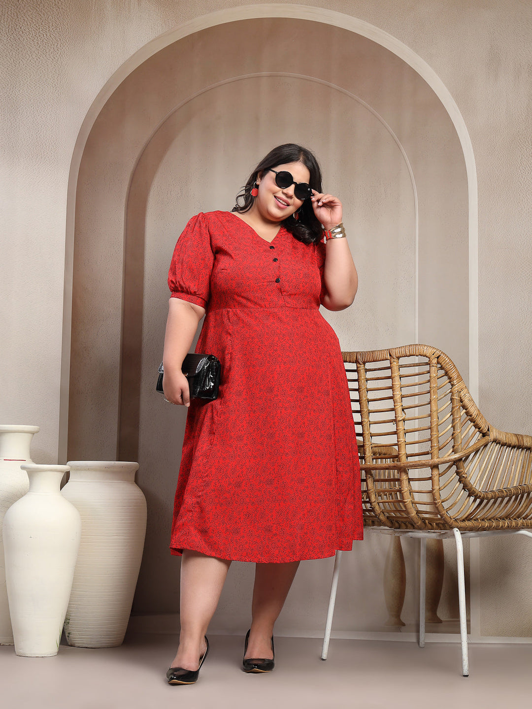 Plus Size Women Red Floral Paisley Print Midi Dress