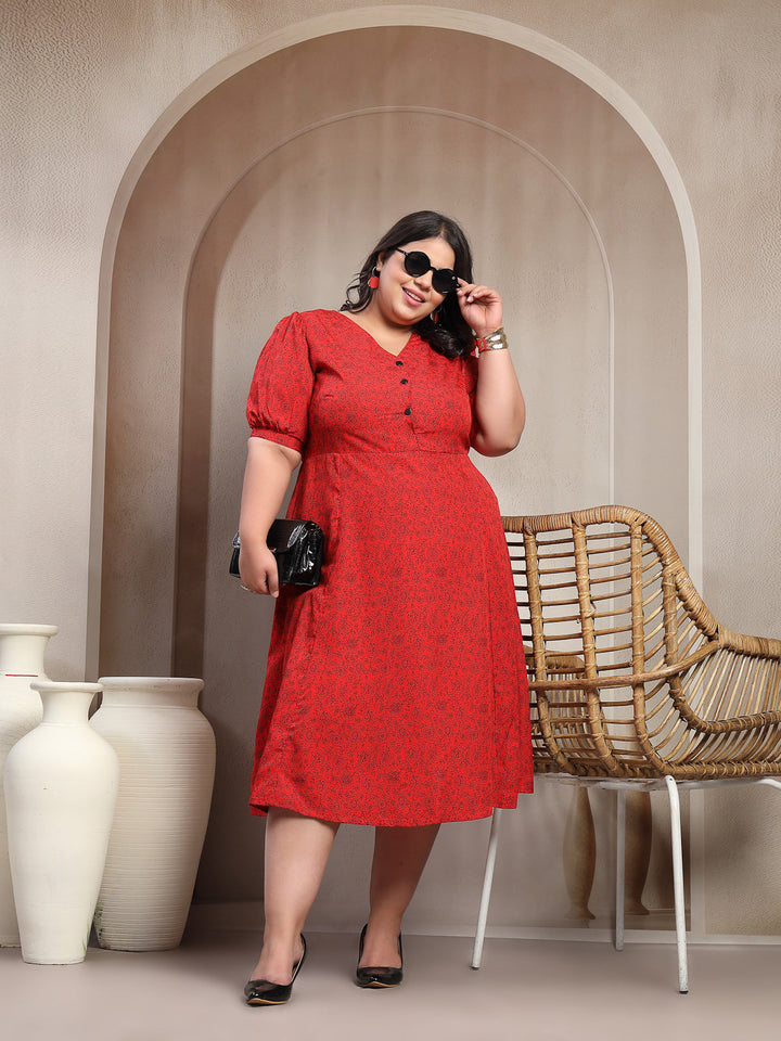 Plus Size Women Red Floral Paisley Print Midi Dress