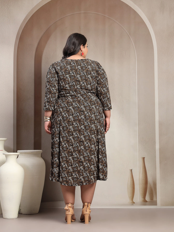 Plus Size Printed Puff Sleeve Fit and Flare Midi Dress