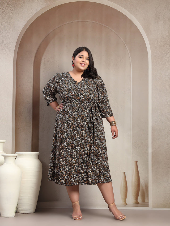 Plus Size Printed Puff Sleeve Fit and Flare Midi Dress