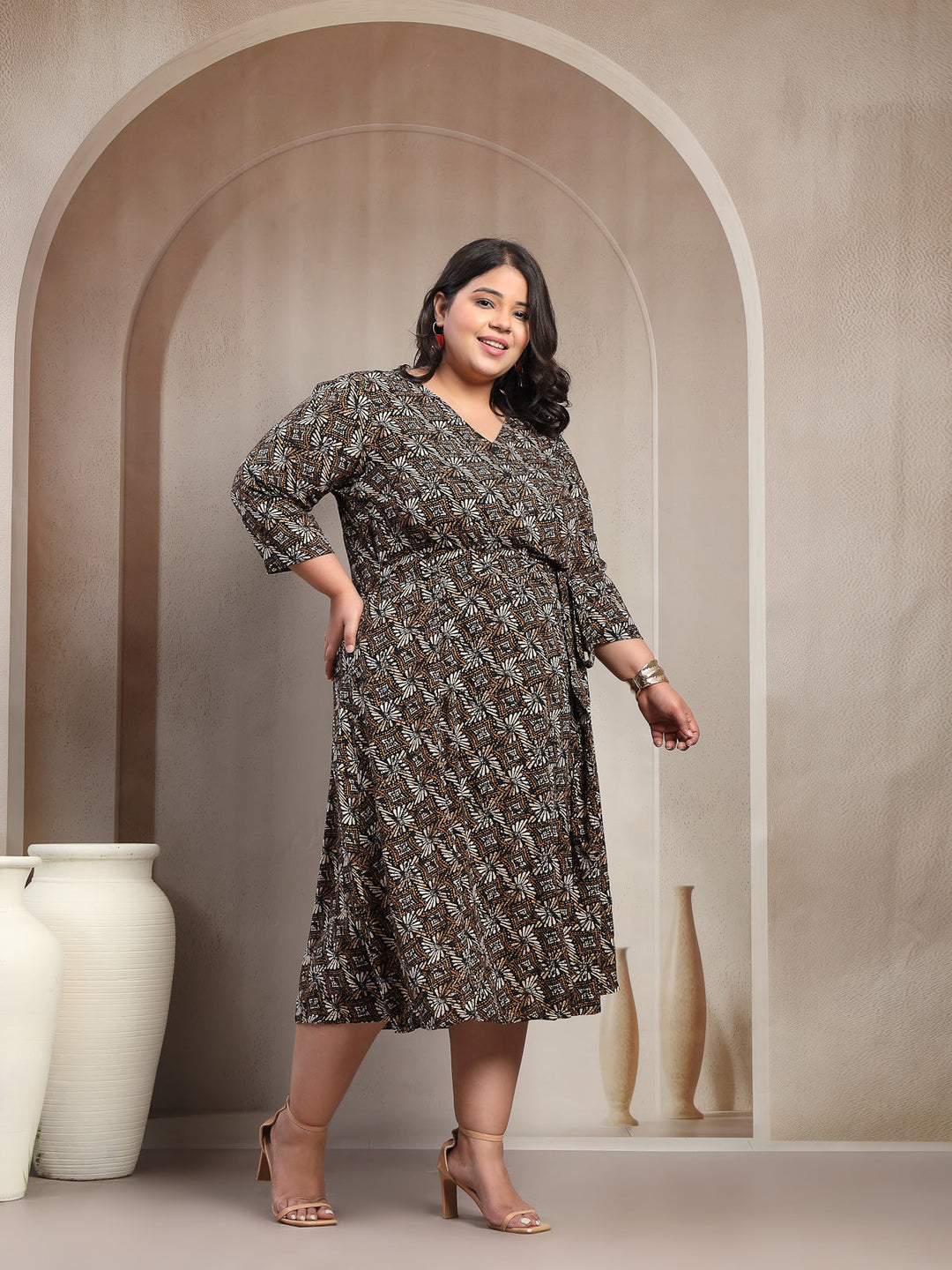 Plus Size Printed Puff Sleeve Fit and Flare Midi Dress