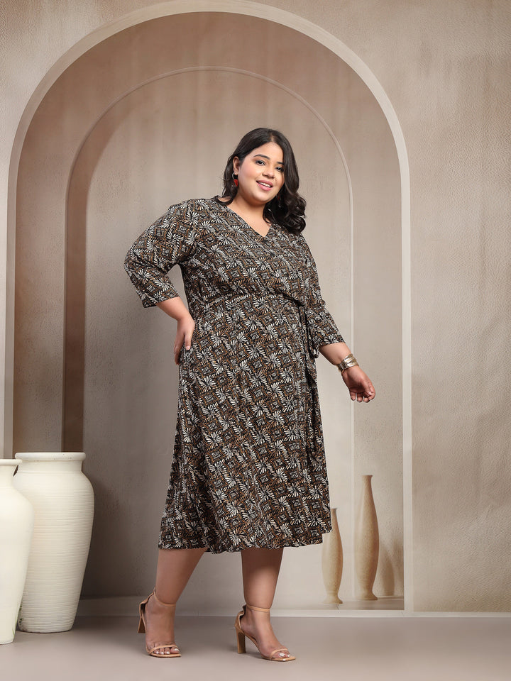 Plus Size Printed Puff Sleeve Fit and Flare Midi Dress
