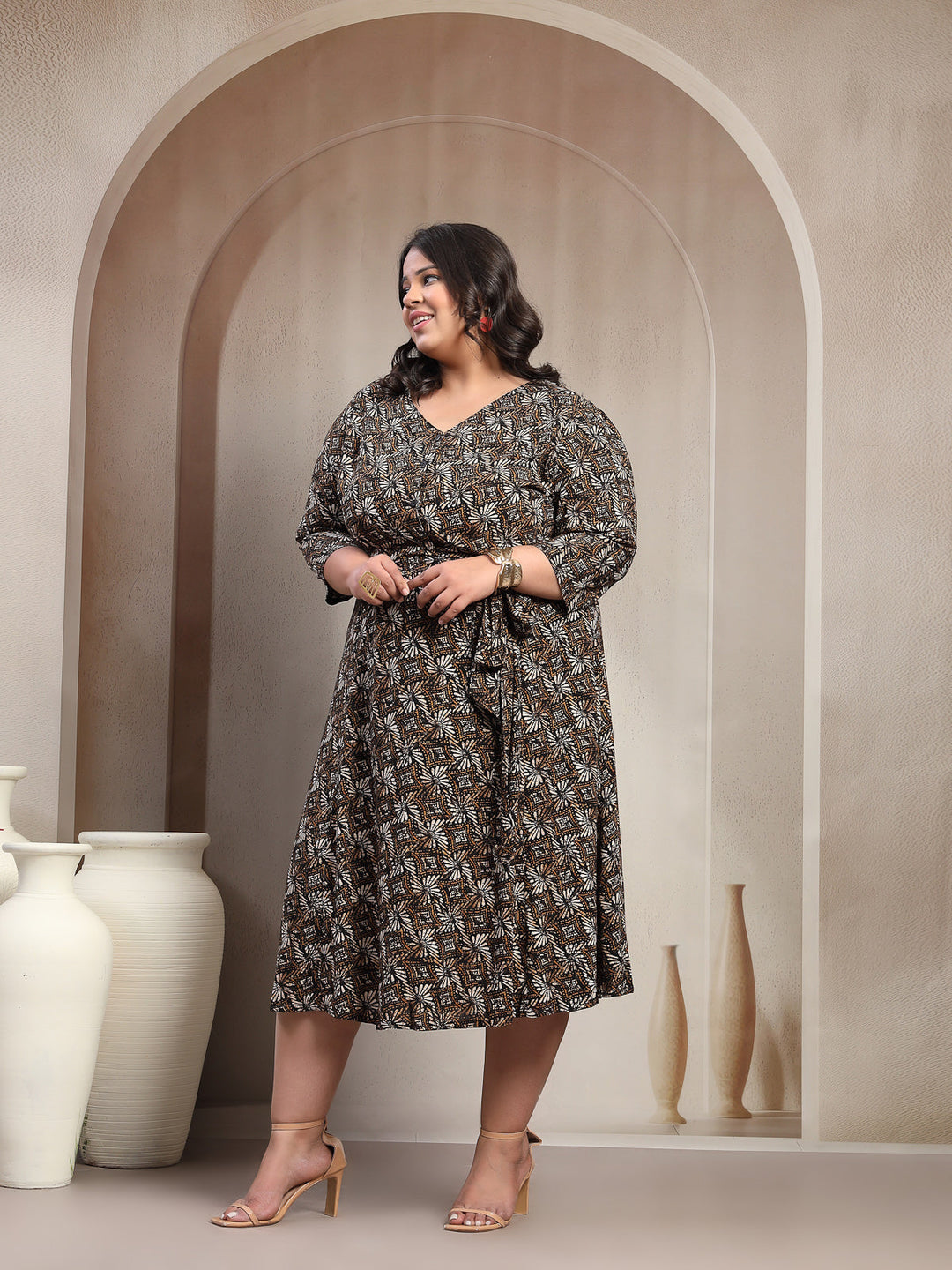 Plus Size Printed Puff Sleeve Fit and Flare Midi Dress