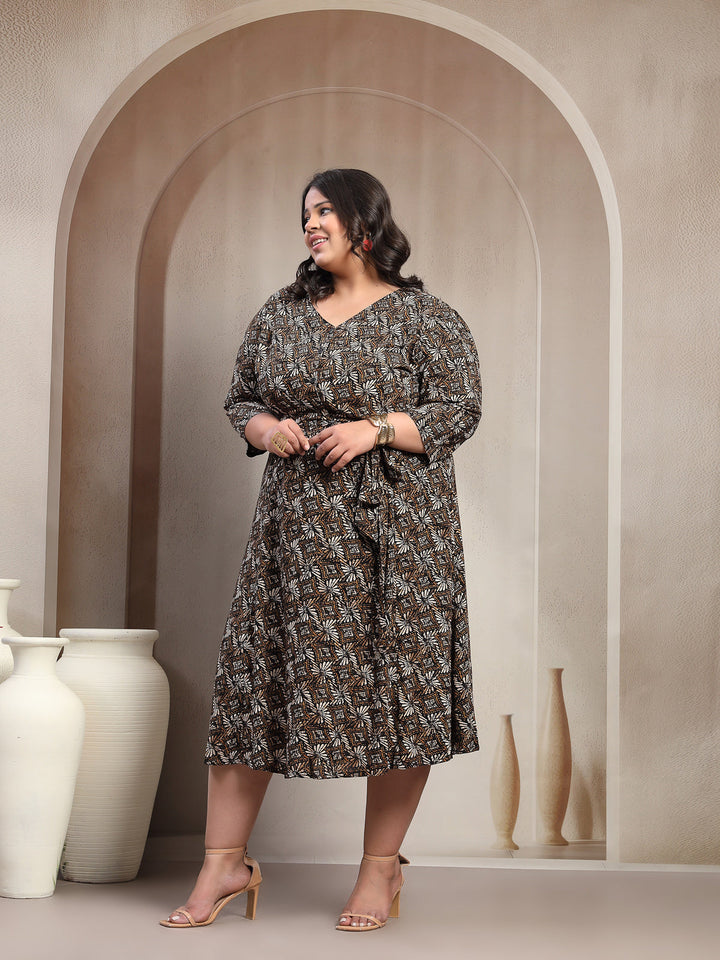 Plus Size Printed Puff Sleeve Fit and Flare Midi Dress