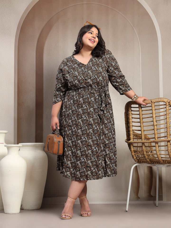 Plus Size Printed Puff Sleeve Fit and Flare Midi Dress
