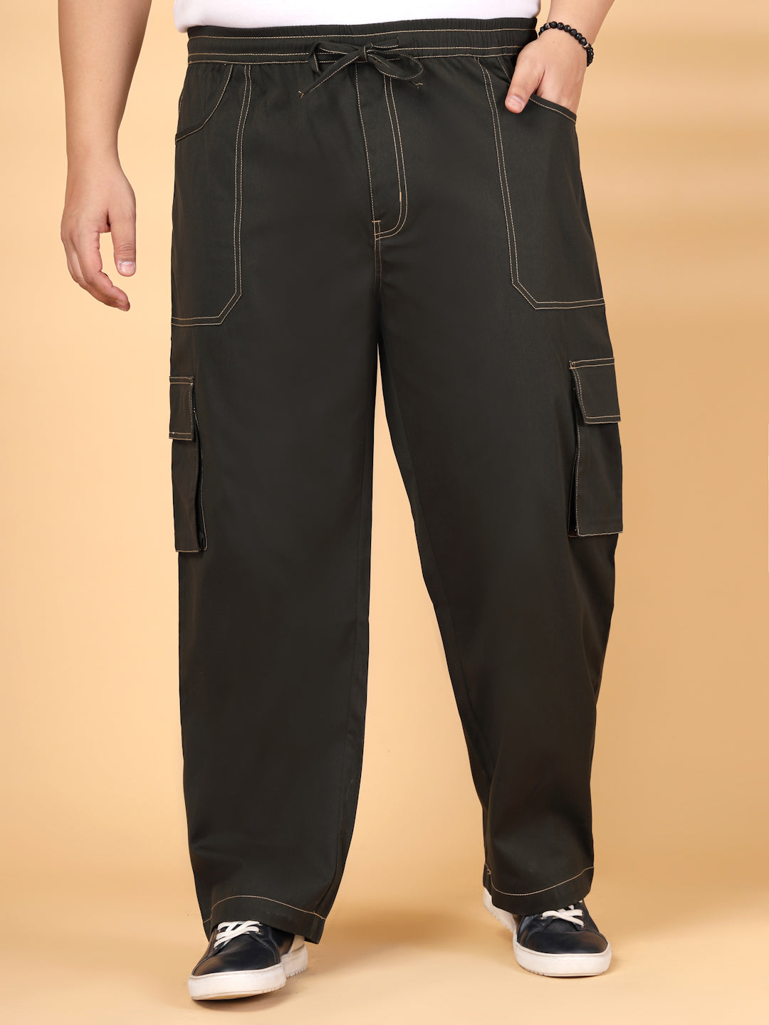 Plus Size Men's Cotton Solid Black Cargo