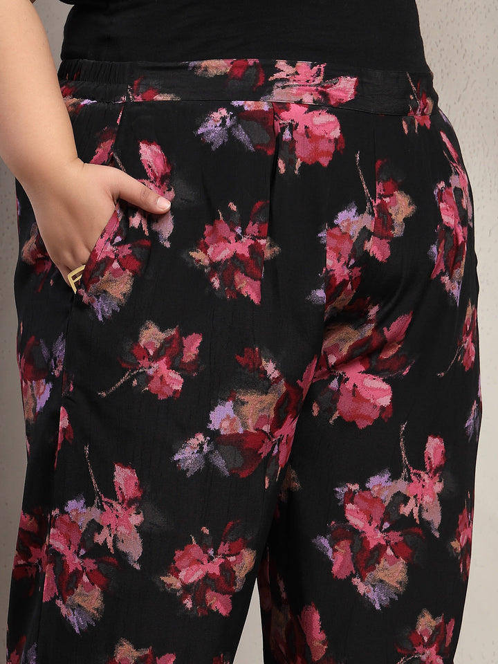Plus Size Black And Red Floral Printed Shirt Collar Tunic With Trousers Co-Ords