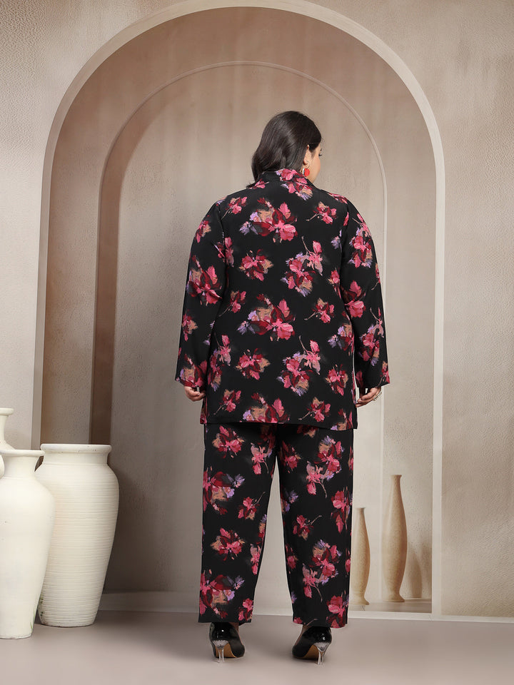 Plus Size Black And Red Floral Printed Shirt Collar Tunic With Trousers Co-Ords