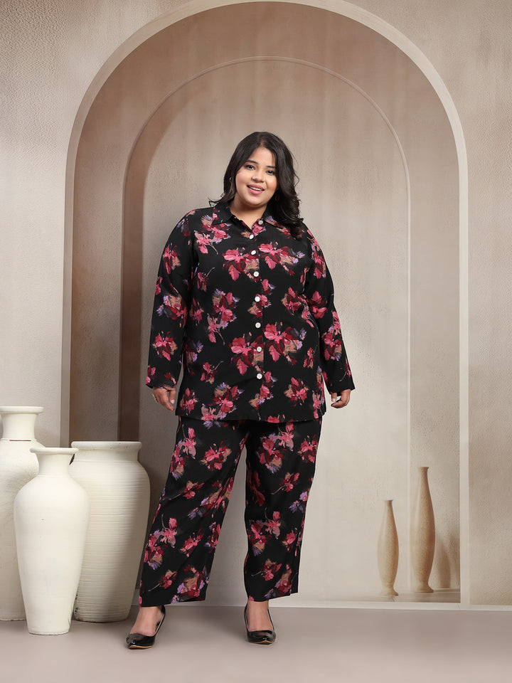 Plus Size Black And Red Floral Printed Shirt Collar Tunic With Trousers Co-Ords
