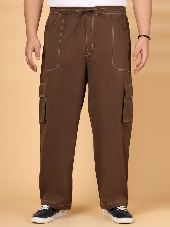 Plus Size Men Regular Fit Mid-Rise Plain Cotton Cargos