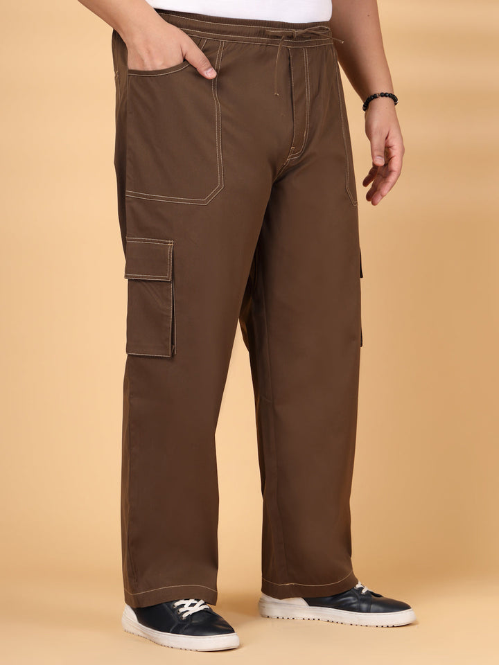 Plus Size Men Regular Fit Mid-Rise Plain Cotton Cargos