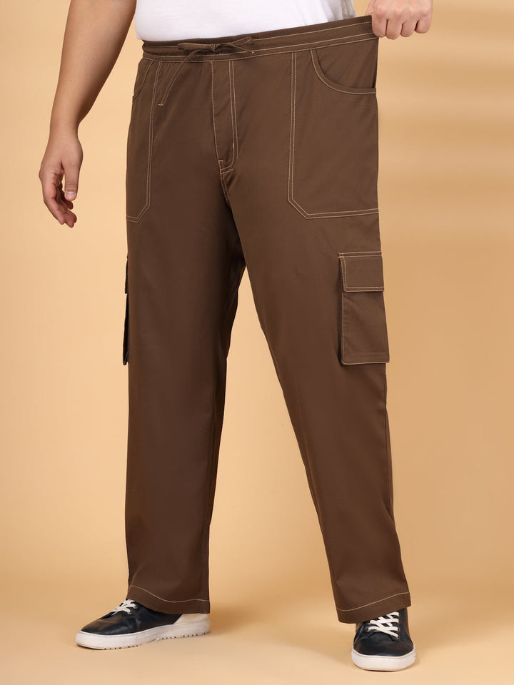 Plus Size Men Regular Fit Mid-Rise Plain Cotton Cargos