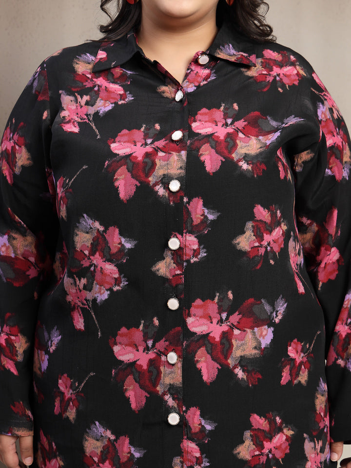 Plus Size Black And Red Floral Printed Shirt Collar Tunic With Trousers Co-Ords