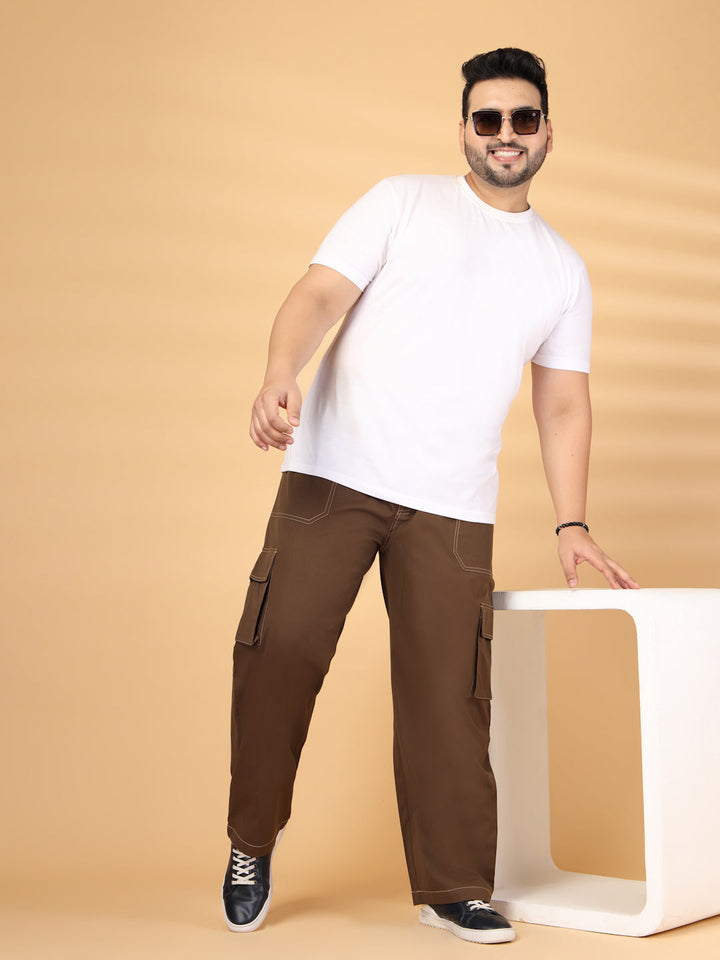 Plus Size Men Regular Fit Mid-Rise Plain Cotton Cargos