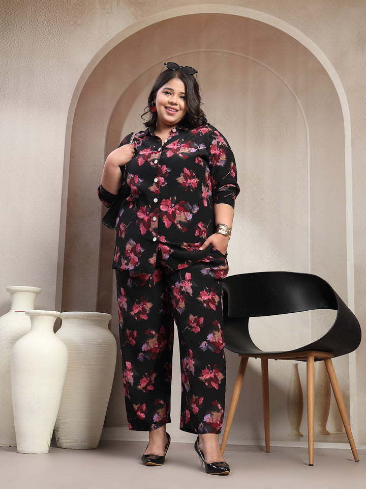 Plus Size Black And Red Floral Printed Shirt Collar Tunic With Trousers Co-Ords