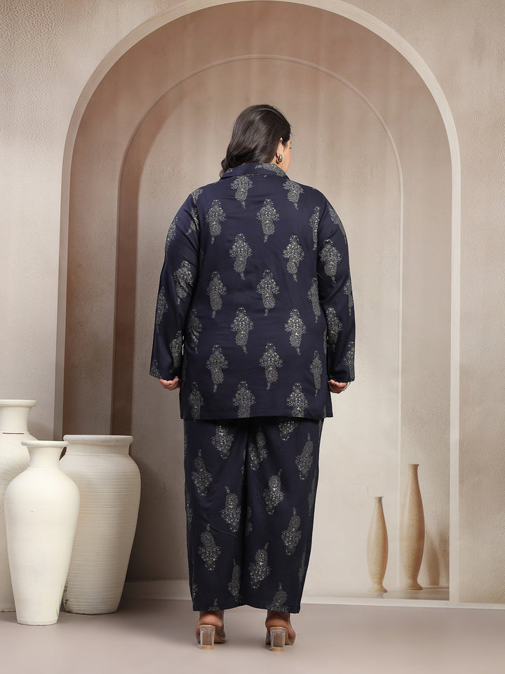 Plus Size Printed Collar Shirt With Trouser