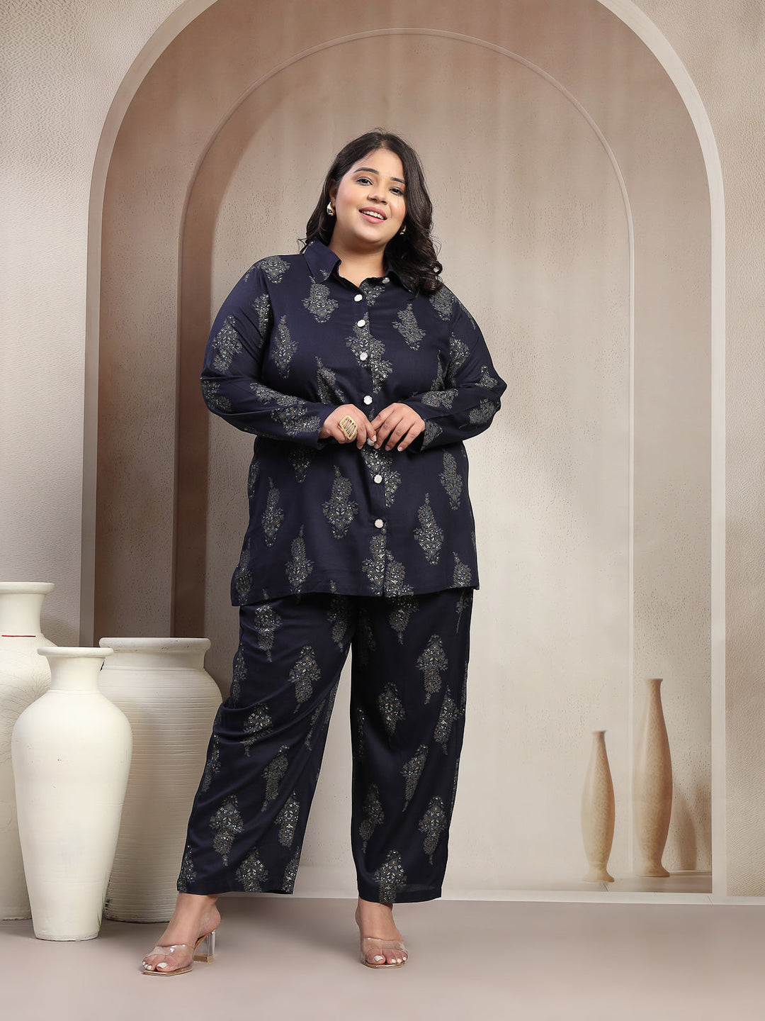 Plus Size Printed Collar Shirt With Trouser