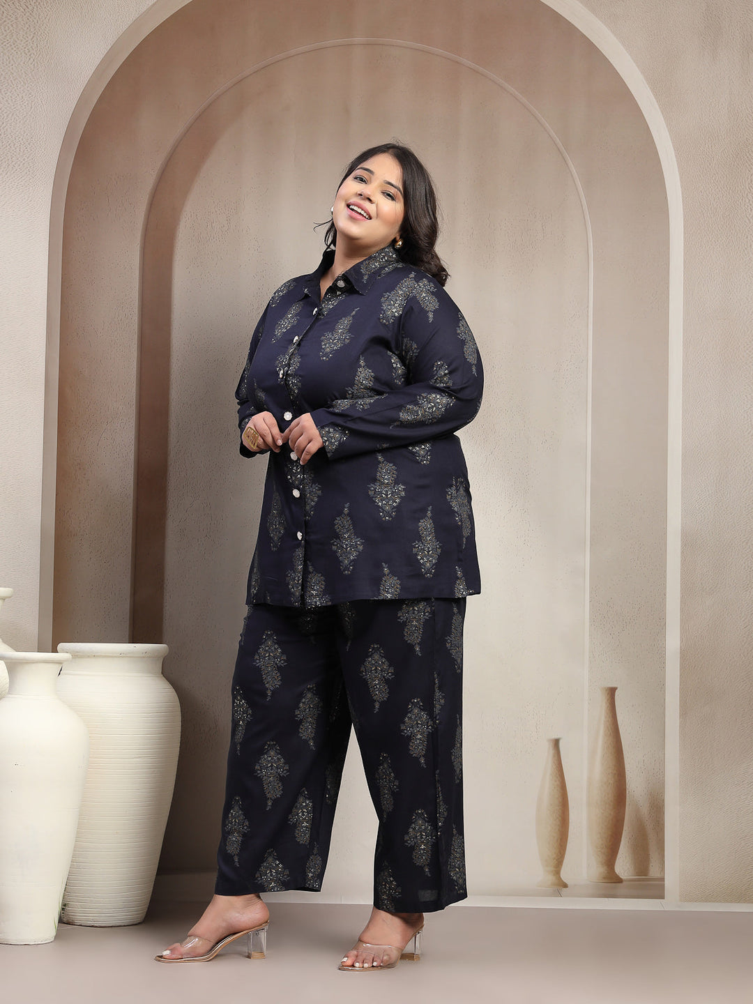 Plus Size Printed Collar Shirt With Trouser