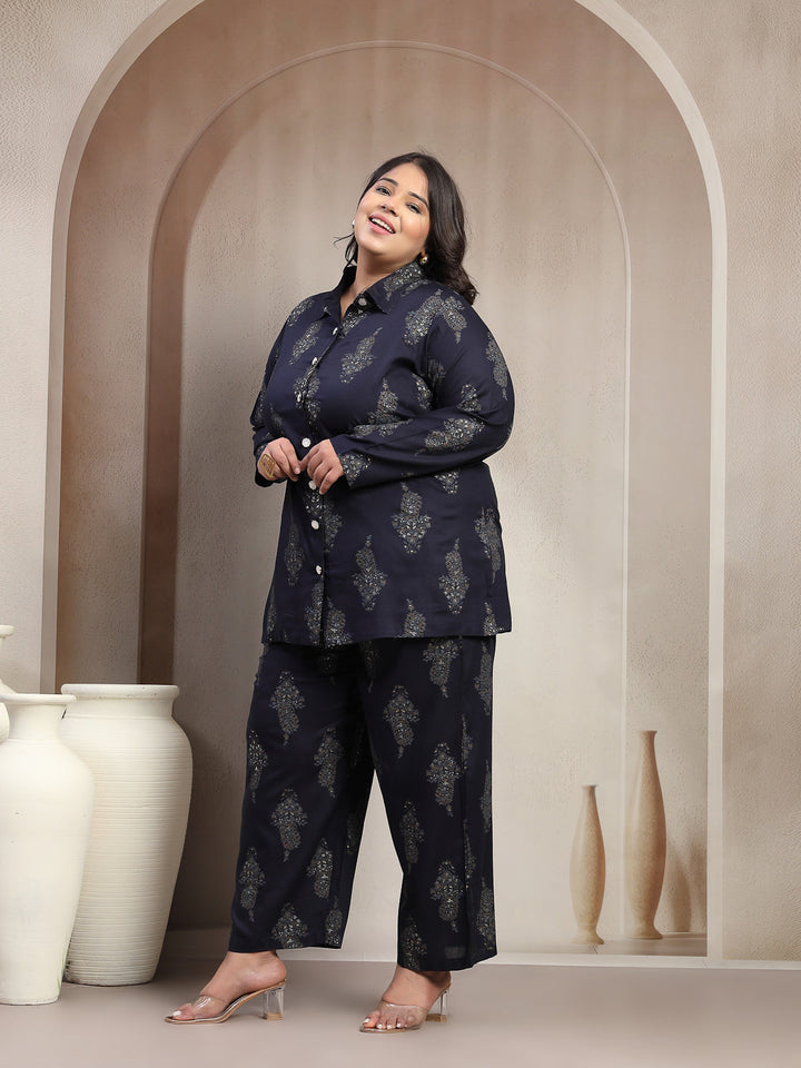 Plus Size Printed Collar Shirt With Trouser