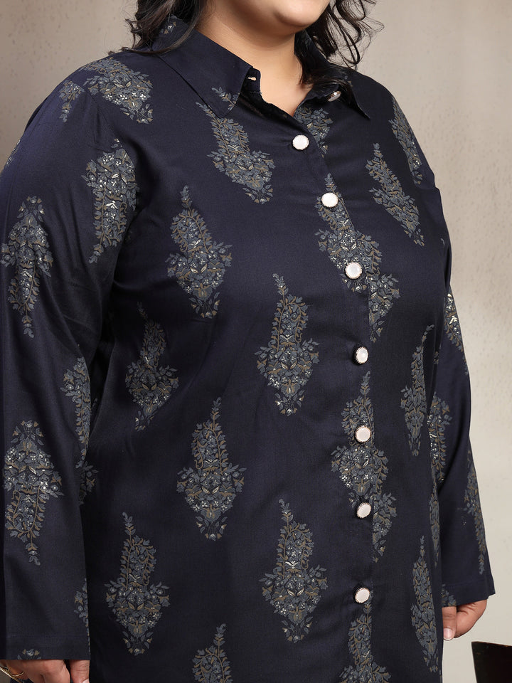 Plus Size Printed Collar Shirt With Trouser