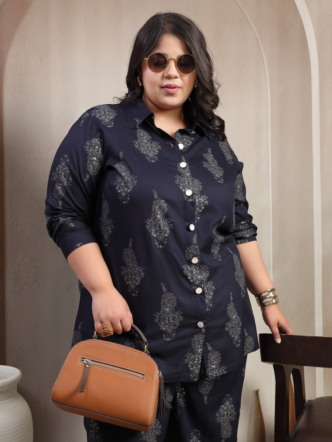Plus Size Printed Collar Shirt With Trouser