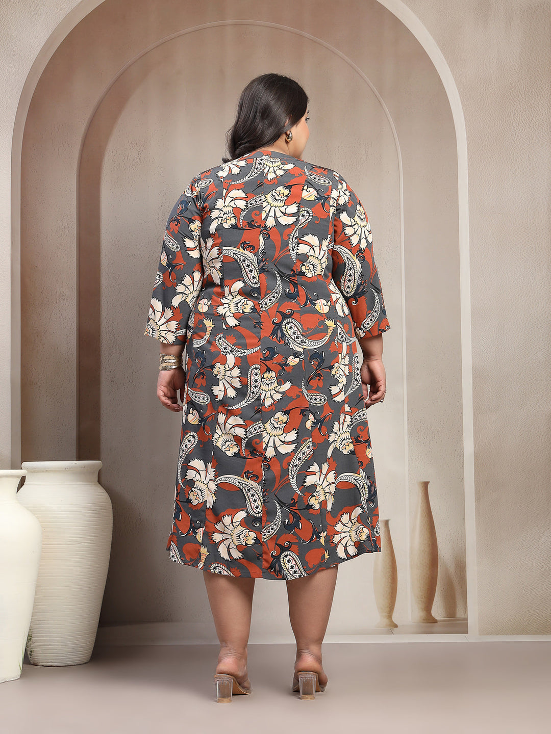 Plus Size 3/4 Sleeves Floral Print Maxi Dress
