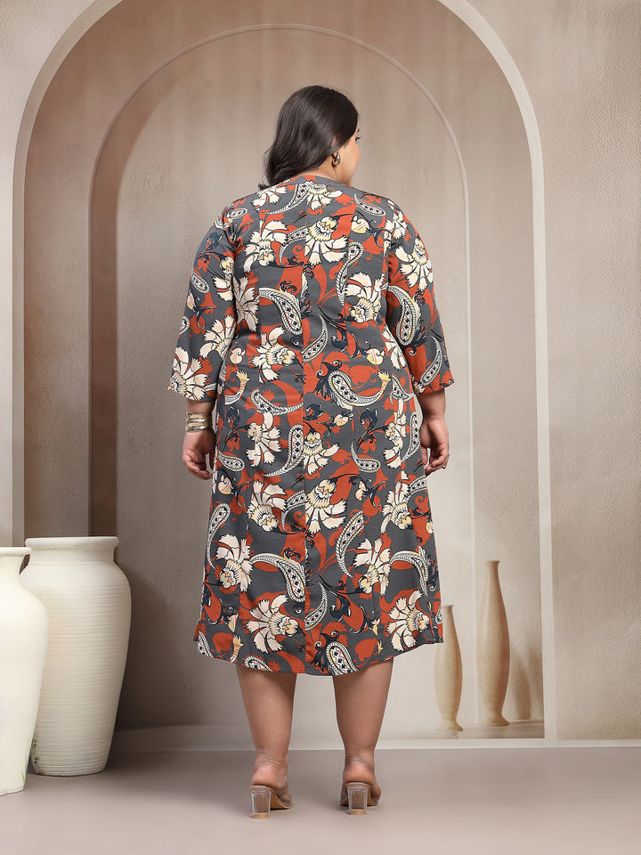 Plus Size 3/4 Sleeves Floral Print Maxi Dress