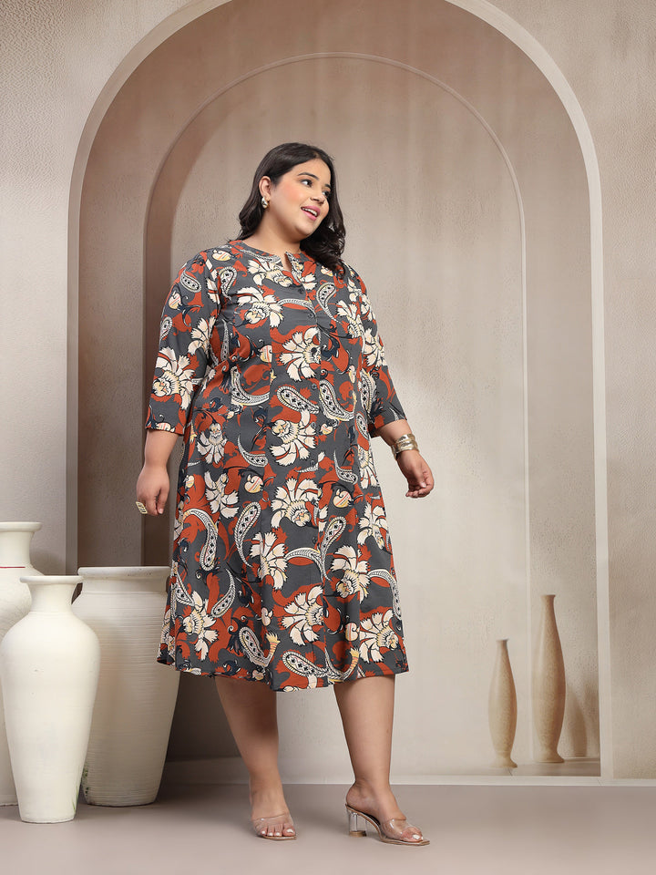 Plus Size 3/4 Sleeves Floral Print Maxi Dress
