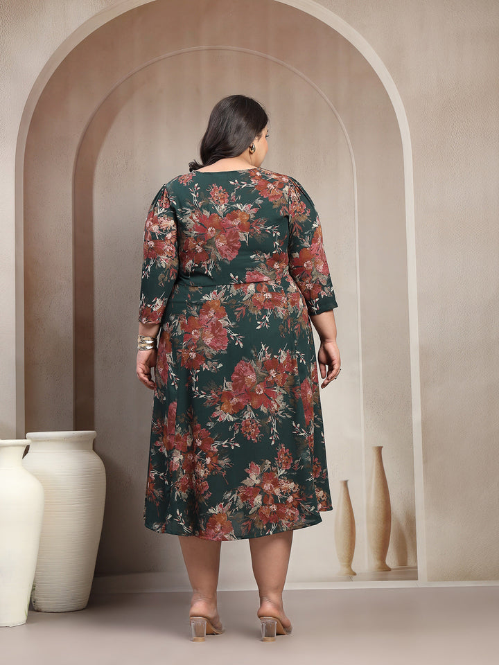 Plus Size Floral Print A-Line Midi Dress
