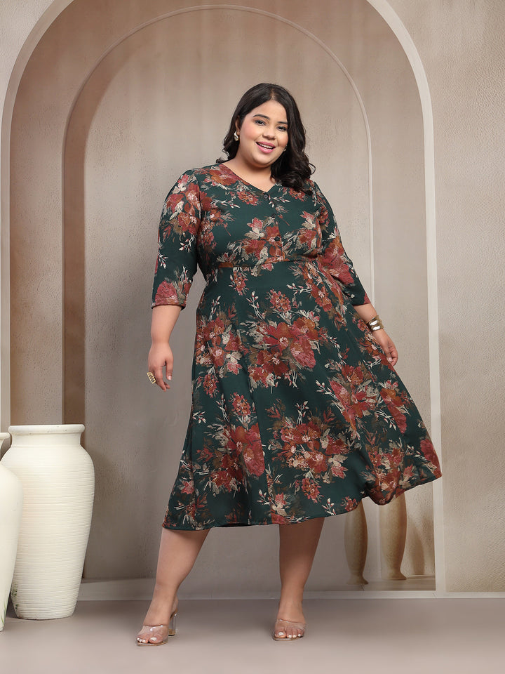 Plus Size Floral Print A-Line Midi Dress