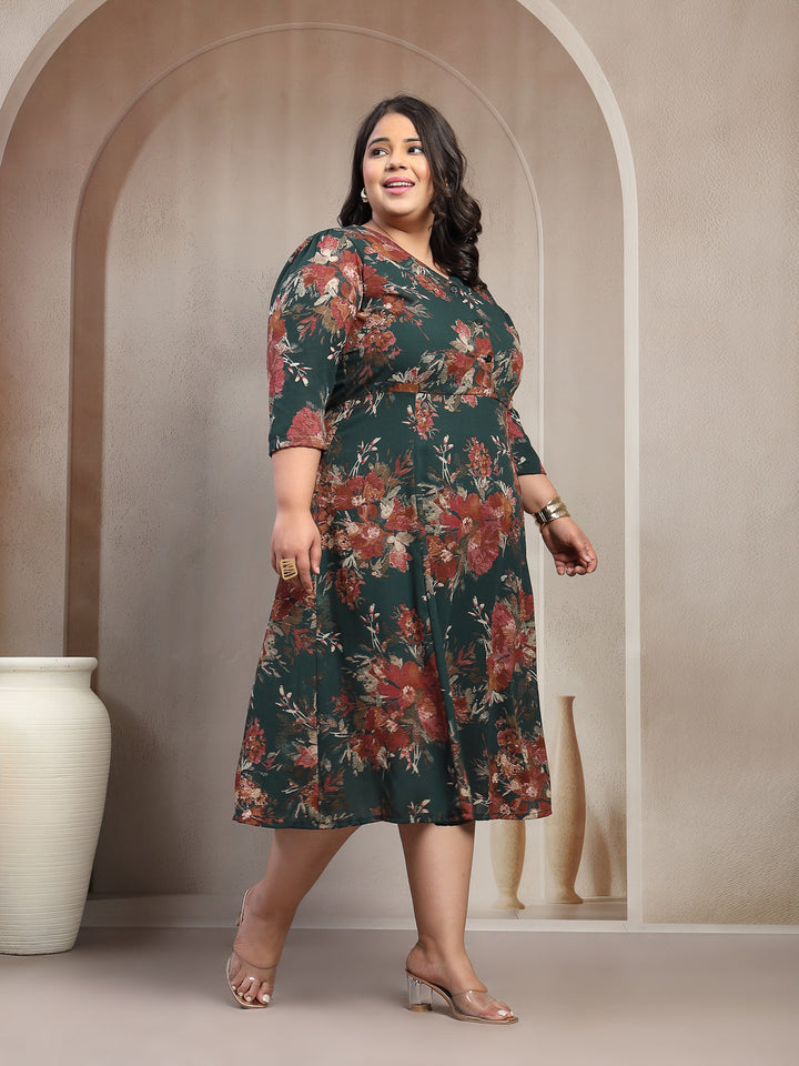 Plus Size Floral Print A-Line Midi Dress