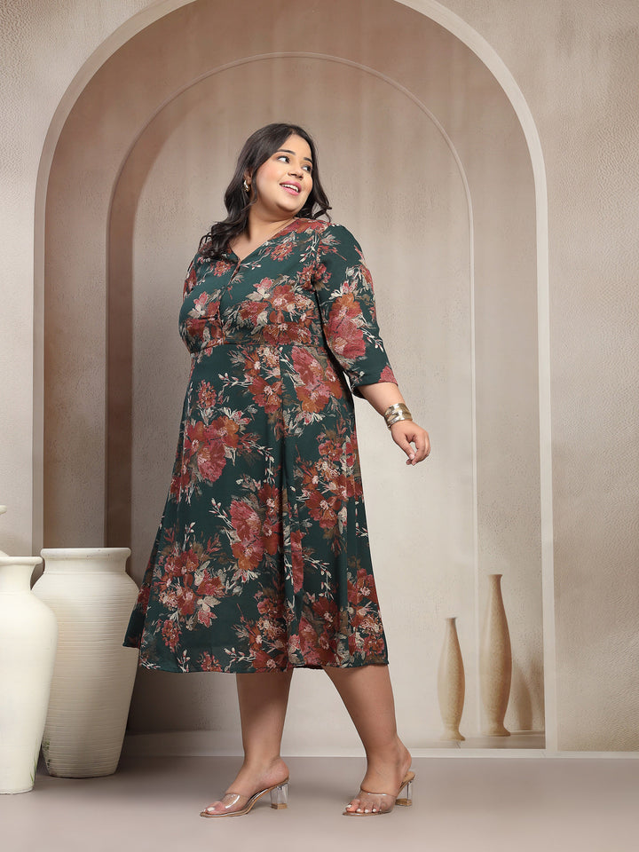 Plus Size Floral Print A-Line Midi Dress