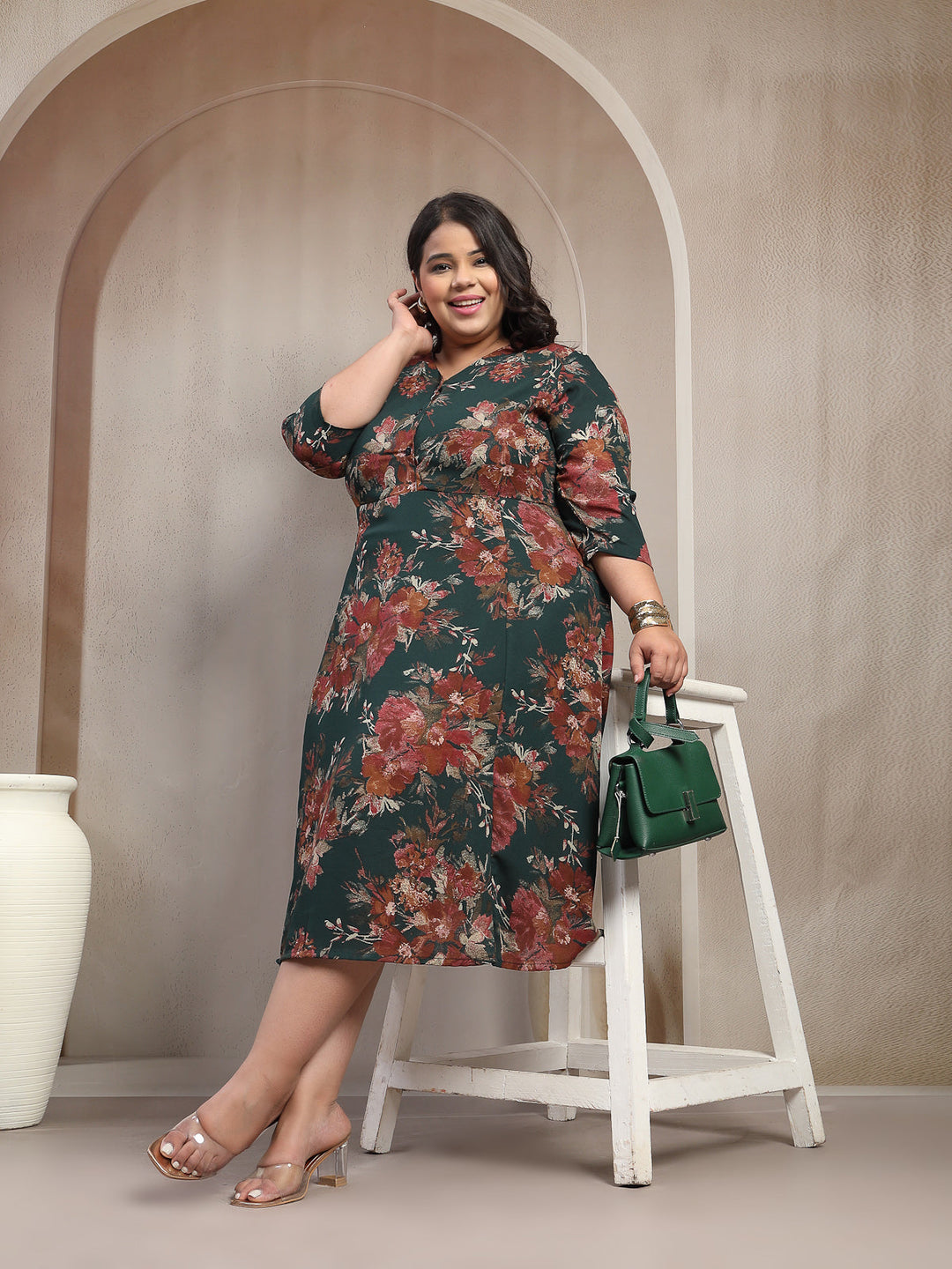 Plus Size Floral Print A-Line Midi Dress