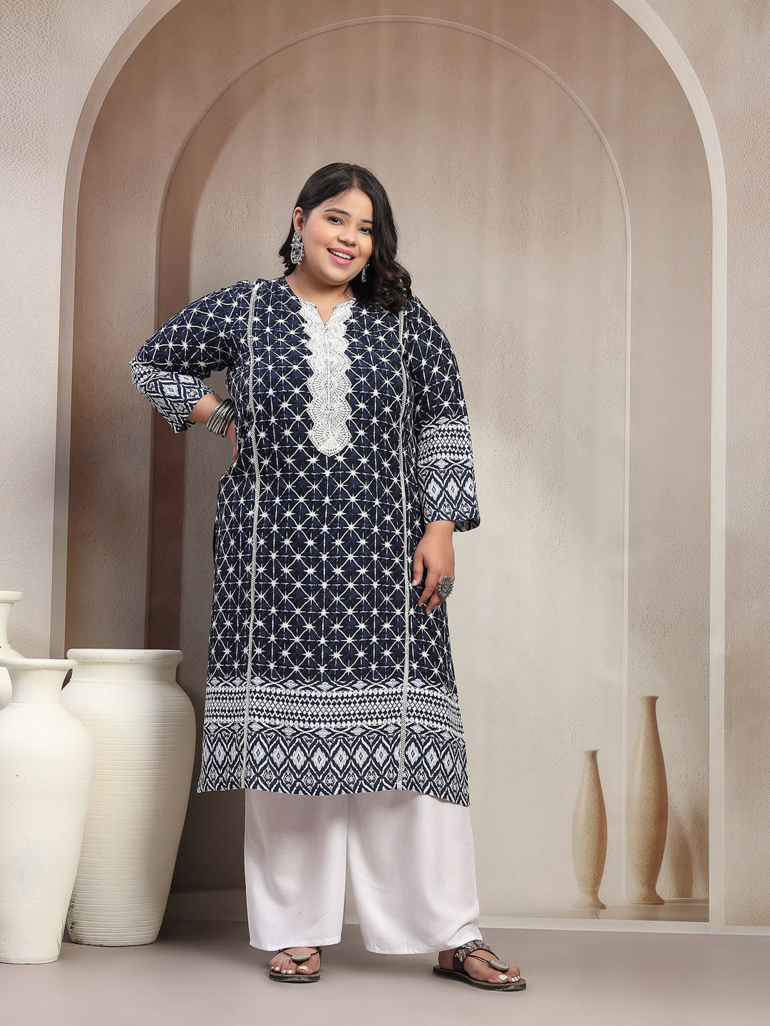 Plus Size Dk Blue Floral Printed Viscose Rayon kurta