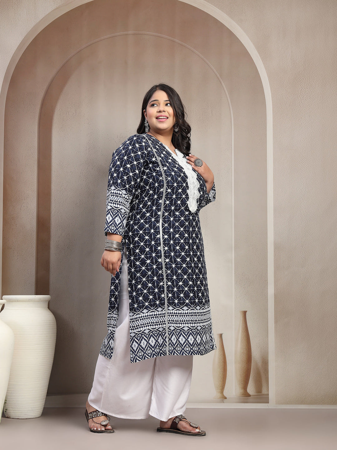 Plus Size Dk Blue Floral Printed Viscose Rayon kurta