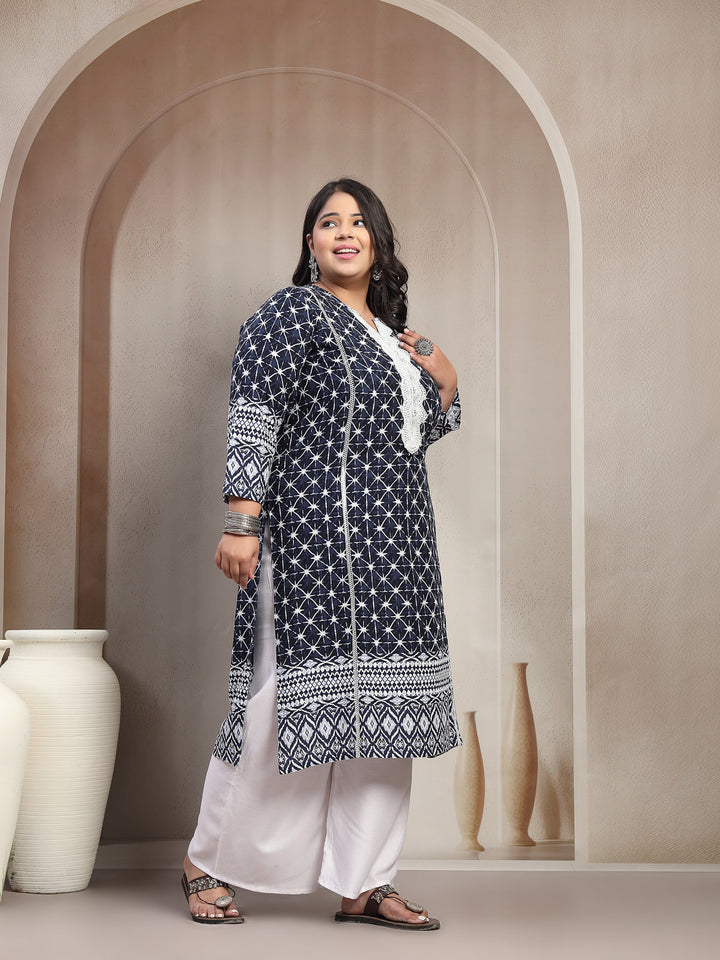 Plus Size Dk Blue Floral Printed Viscose Rayon kurta