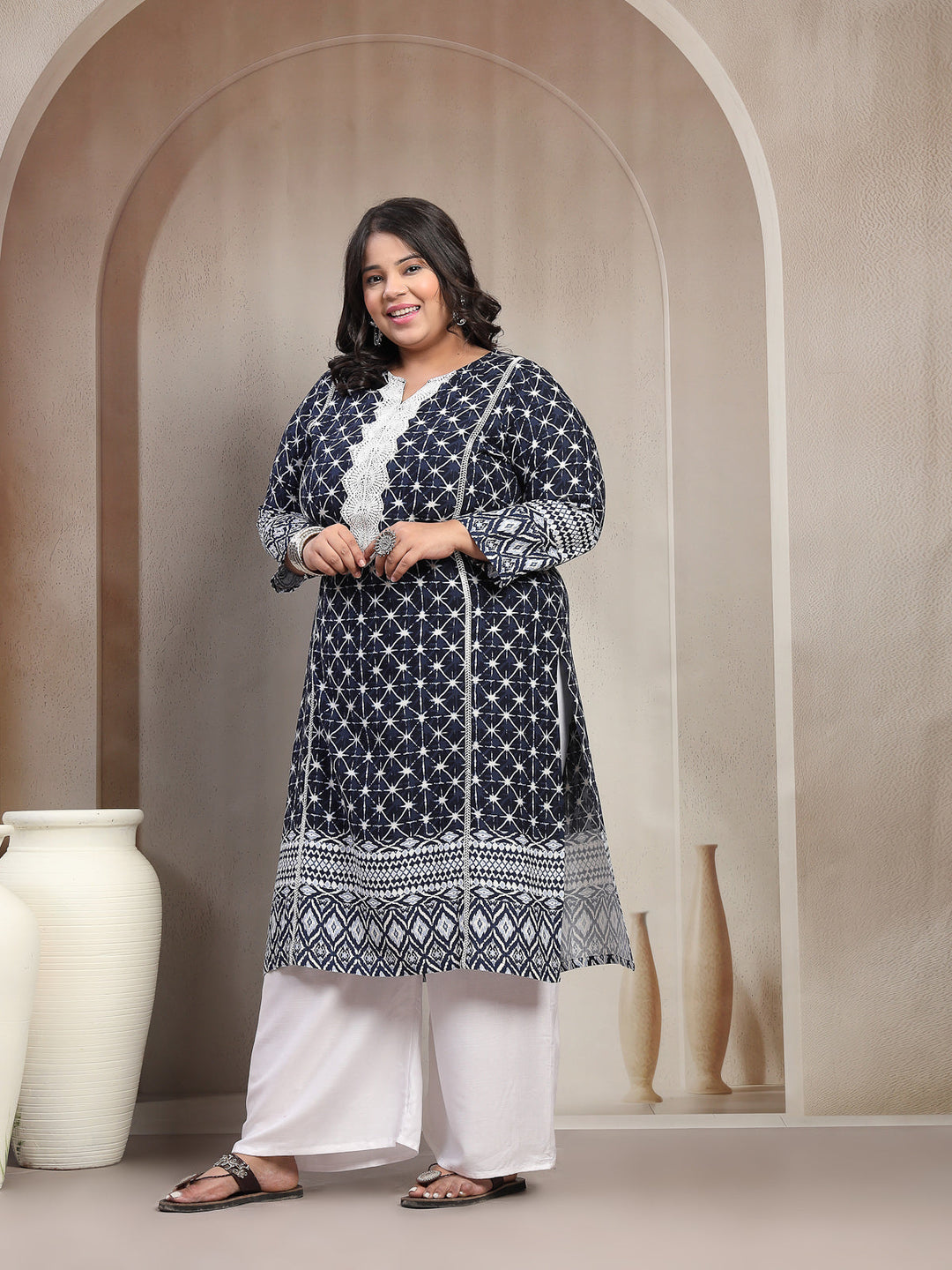 Plus Size Dk Blue Floral Printed Viscose Rayon kurta