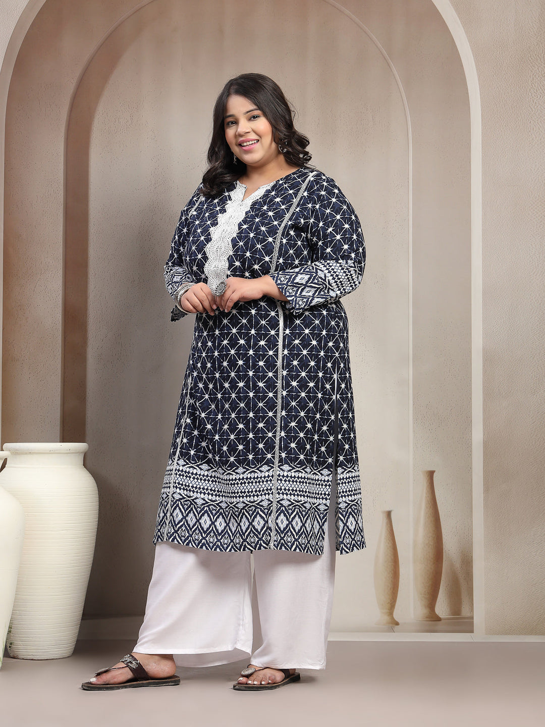 Plus Size Dk Blue Floral Printed Viscose Rayon kurta