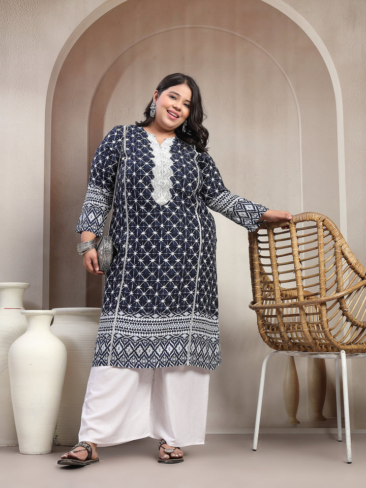 Plus Size Dk Blue Floral Printed Viscose Rayon kurta