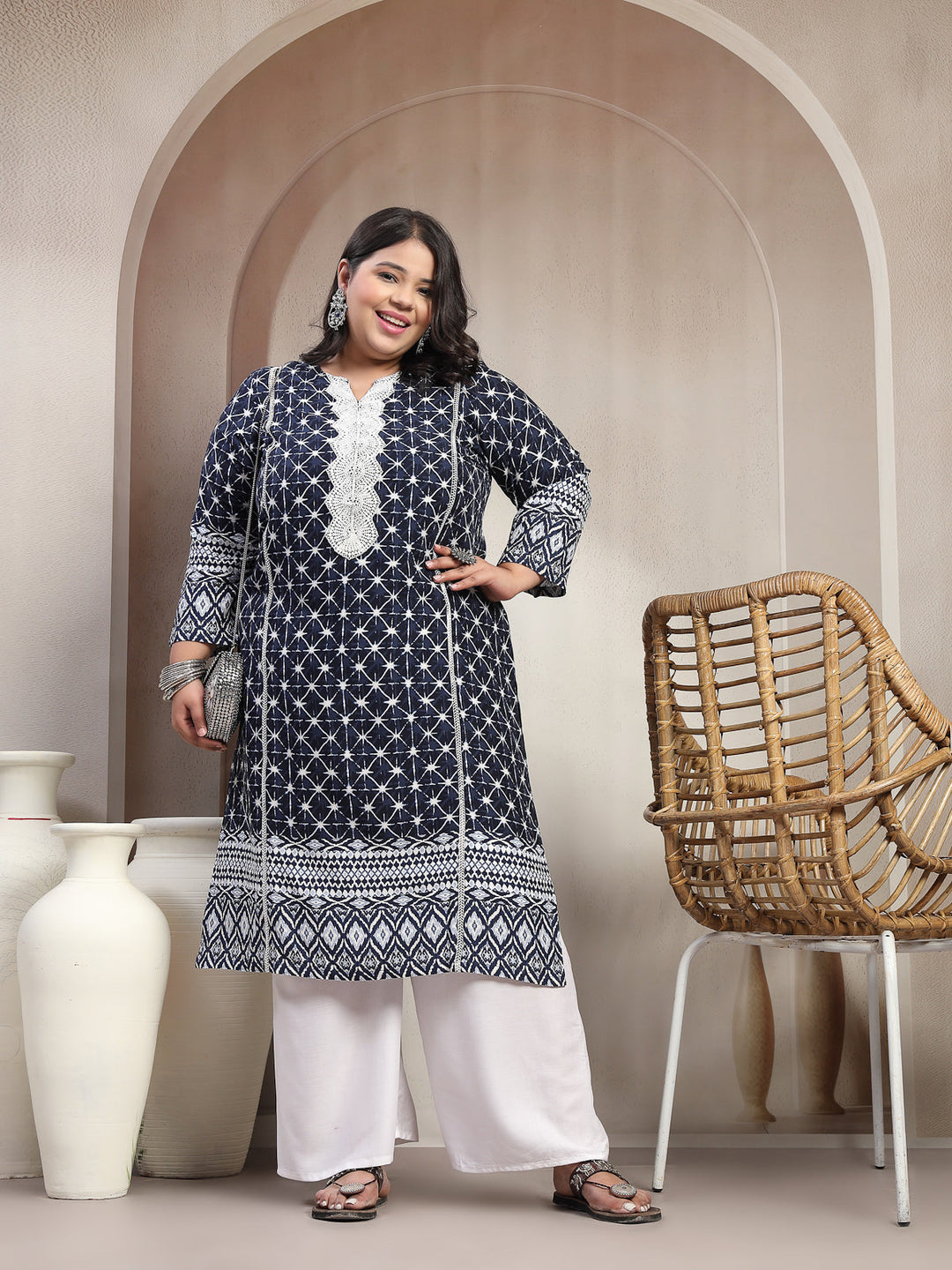 Plus Size Dk Blue Floral Printed Viscose Rayon kurta