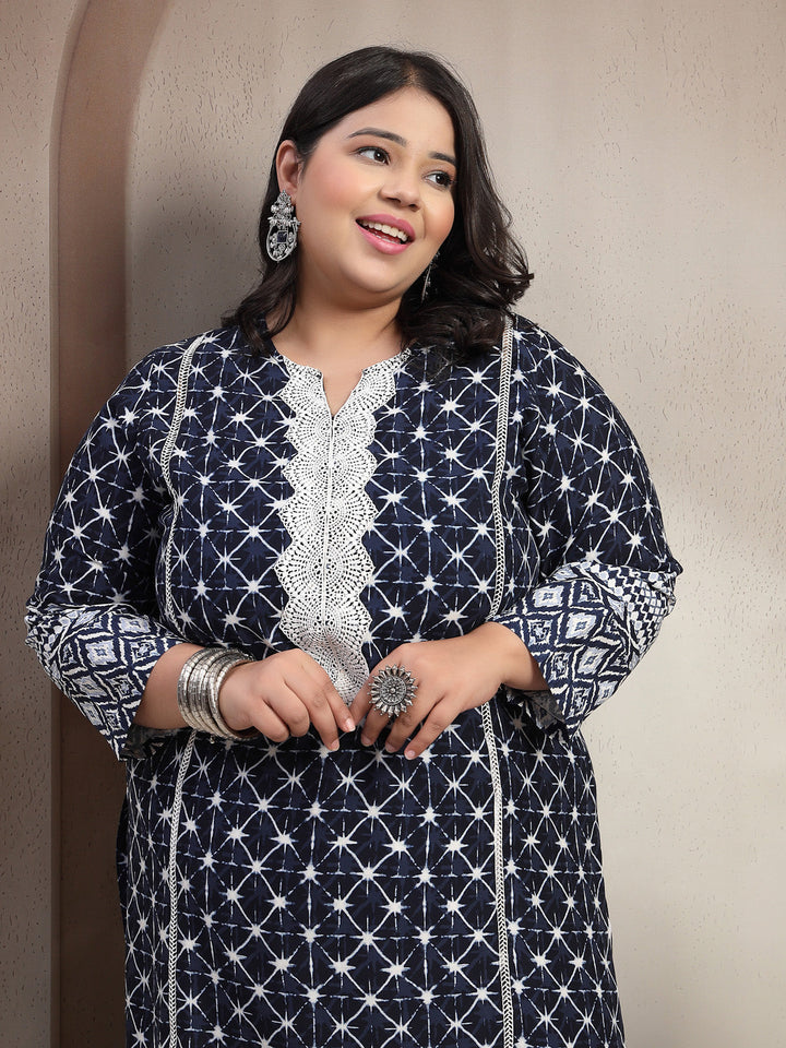 Plus Size Dk Blue Floral Printed Viscose Rayon kurta